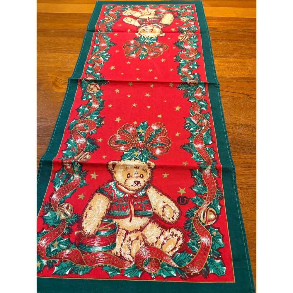 Christmas Teddy Bear Table Runner Red Green Holly Stars Holiday Decor 14x34